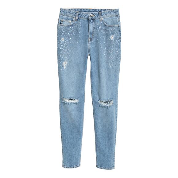 H&M Women's Decorative Sparkly Stones Boyfriend Slim Low Jeans Size 10 approx - Picture 1 of 10